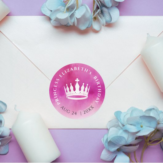 Schattige Meisje Prinses Kroon Roze Wit Waterverf Ronde Sticker