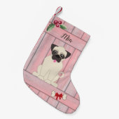 Schattige Meisje Pug Roze Houten Omheining Monogra Kleine Kerstsok (Voorkant (Hangend))
