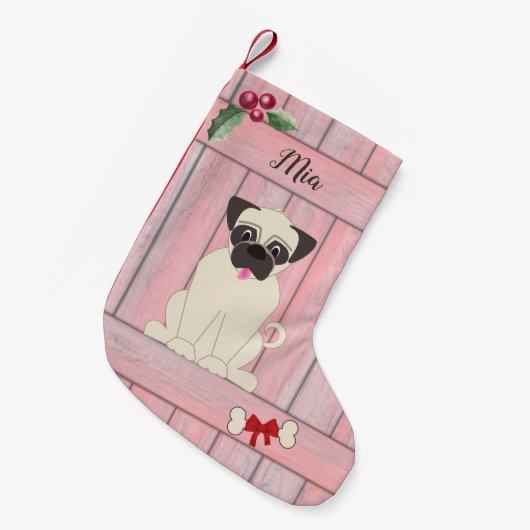 Schattige Meisje Pug Roze Houten Omheining Monogra Kleine Kerstsok (Voorkant (Hangend))