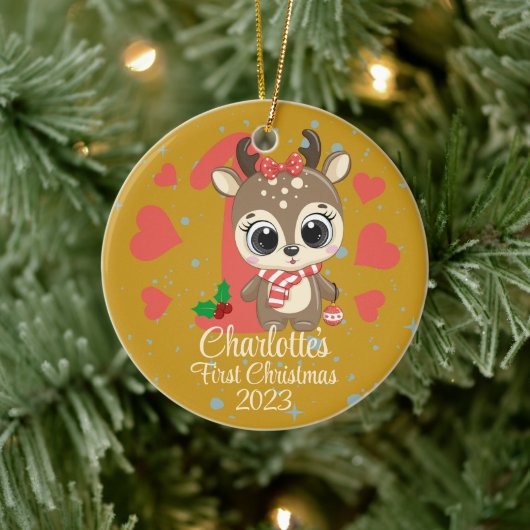 Schattige Meisje Rendier Baby's Eerste Kerstmis Go Keramisch Ornament (Boom)