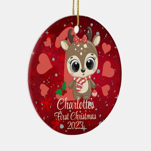 Schattige Meisje Rendier Baby's Eerste Kerstmis Ro Keramisch Ornament (Rechts)