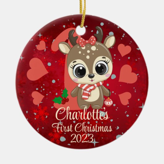 Schattige Meisje Rendier Baby's Eerste Kerstmis Ro Keramisch Ornament (Voorkant)
