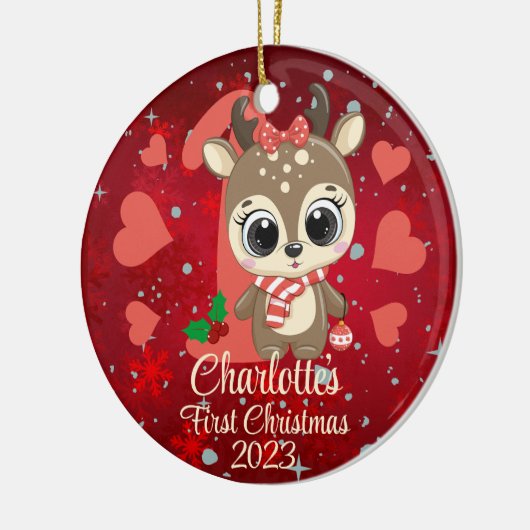 Schattige Meisje Rendier Baby's Eerste Kerstmis Ro Keramisch Ornament (Links)