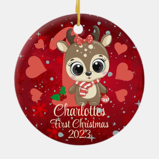 Schattige Meisje Rendier Baby's Eerste Kerstmis Ro Keramisch Ornament (Achterkant)