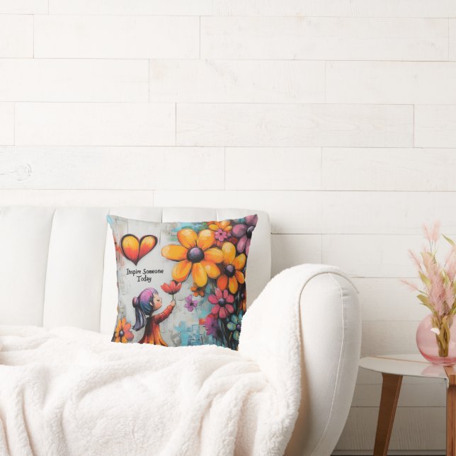 Schattige Meisje Retro Bloemen Inspirerend Kussen (Bank)