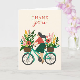 Schattige Meisje Rijden Fiets w Bloemen BEDANKT Kaart