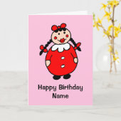 Schattige Meisje Rood Jurk Zwart Haar Cartoon Verj Kaart (Gele Bloem)