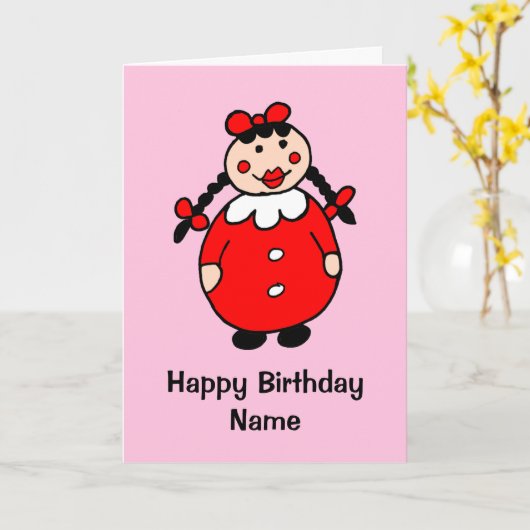 Schattige Meisje Rood Jurk Zwart Haar Cartoon Verj Kaart (Gele Bloem)