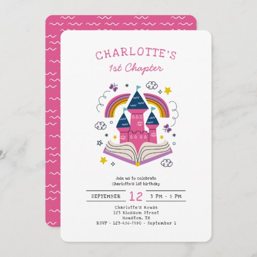 Schattige Meisje Roze 1e Verjaardag Uitnodiging (Voorkant / Achterkant)