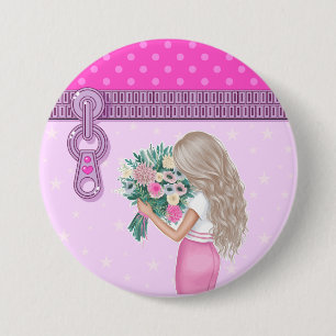Schattige meisje & roze Bloemen elegant bloemenont Ronde Button 7,6 Cm