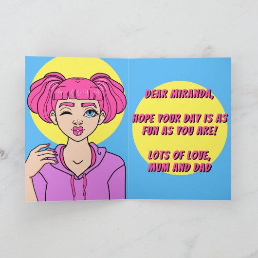 Schattige Meisje Roze Haar Tiener Verjaardag Kaart (Binnen)