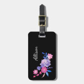 Schattige Meisje Roze Paarse Zwart Bloemen Monogra Bagagelabel (Voorkant verticaal)