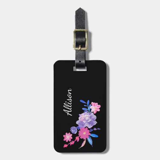 Schattige Meisje Roze Paarse Zwart Bloemen Monogra Bagagelabel (Voorkant verticaal)
