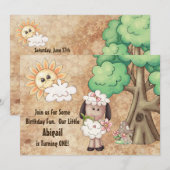 Schattige Meisje Schaap en Bloemen 1e Verjaardag U Kaart (Voorkant / Achterkant)