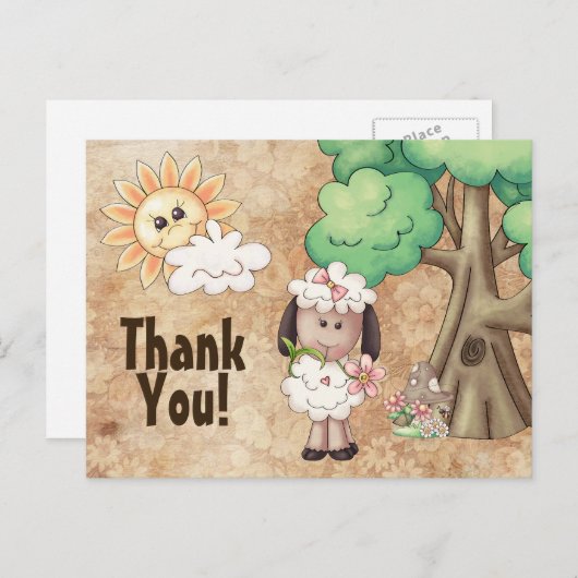 Schattige Meisje Schaap en Bloemen Dank U Briefkaart (Voorkant / Achterkant)