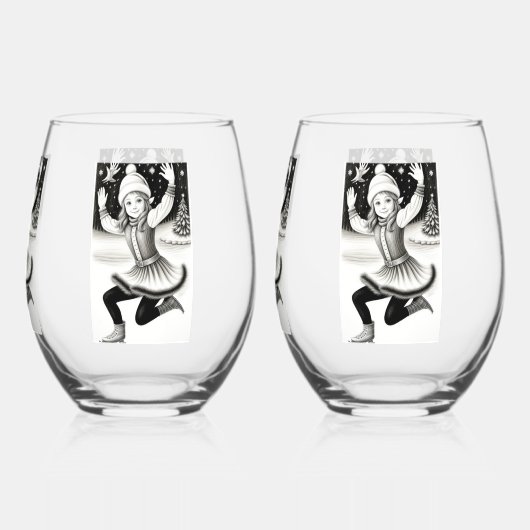 Schattige Meisje Schaatsen Drinkware Set Wijnglas Zonder Voet (Achterkant)