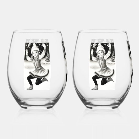 Schattige Meisje Schaatsen Drinkware Set Wijnglas Zonder Voet (Voorkant)