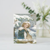 Schattige Meisje Sneeuwboom Kerk Briefkaart (Staand voorkant)