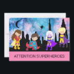 *~* Schattige Meisje SUPERHEROS Kids Verjaardagsfe Kaart<br><div class="desc">*** MEISJE OF JONGEN SUPERHELDEN Whimsical Cute VERJAARDAG UITNODIGING - HOT PINK PAARSE BLAUWE LUCHT. De kleintjes kunnen zich verkleden als hun favoriete superheld. Er zijn vier superhelden tegen een SKYLINE CITYSCAPE. De lucht in de Waterverf getextureerd HEET ROZE. Dit is een genderneutrale uitnodiging voor een verjaardagsfeestje. => Als u...</div>
