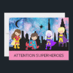 *~* Schattige Meisje SUPERHEROS Kids Verjaardagsfe Kaart<br><div class="desc">*** MEISJE OF JONGEN SUPERHELDEN Whimsical Cute VERJAARDAG UITNODIGING - HOT PINK PAARSE BLAUWE LUCHT. De kleintjes kunnen zich verkleden als hun favoriete superheld. Er zijn vier superhelden tegen een SKYLINE CITYSCAPE. De lucht in de Waterverf getextureerd HEET ROZE. Dit is een genderneutrale uitnodiging voor een verjaardagsfeestje. => Als u...</div>