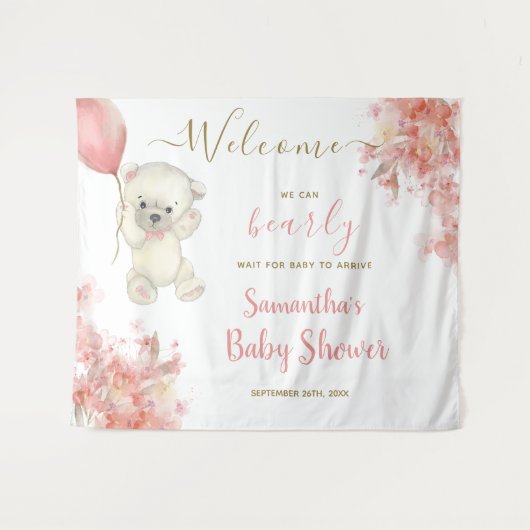 Schattige Meisje Teddy Bear Roze Baby shower Welko Wandkleed (Voorkant (horizontaal))