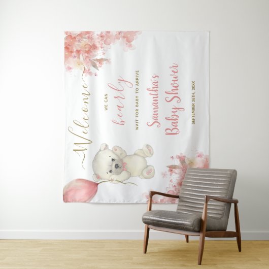 Schattige Meisje Teddy Bear Roze Baby shower Welko Wandkleed (In situ)