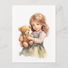 Schattige Meisje Teddy Bear Waterverf Illustratie