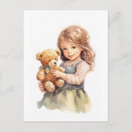 Schattige Meisje Teddy Bear Waterverf Illustratie Briefkaart