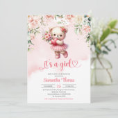 Schattige meisje teddybeer met hart en bloemen kaart (Staand voorkant)