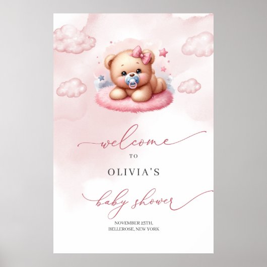 Schattige meisje teddybeer over de wolk welkom poster (Voorkant)