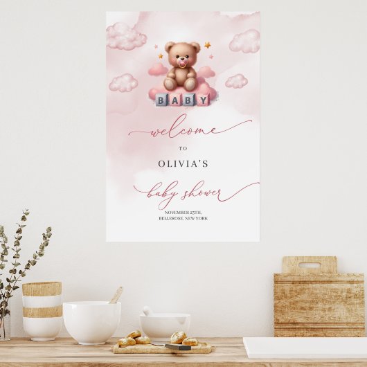 Schattige meisje teddybeer over de wolk welkom poster (Keuken)
