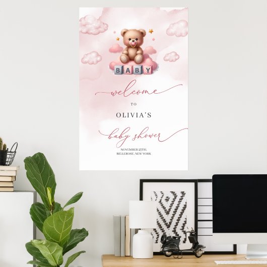 Schattige meisje teddybeer over de wolk welkom poster (Thuiskantoor)