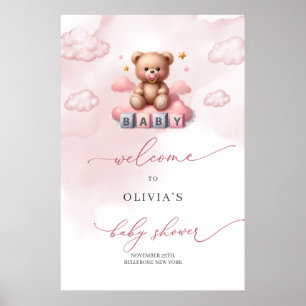 Schattige meisje teddybeer over de wolk welkom poster