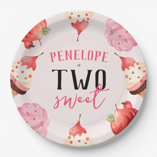 Schattige Meisje Twee Lief Ijs Verjaardag Papieren Bordje (Voorkant)