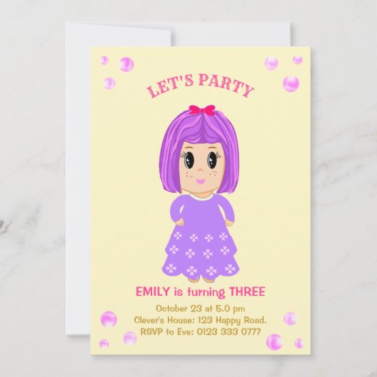 Schattige meisje verjaardagsuitnodiging kaart (Voorkant)