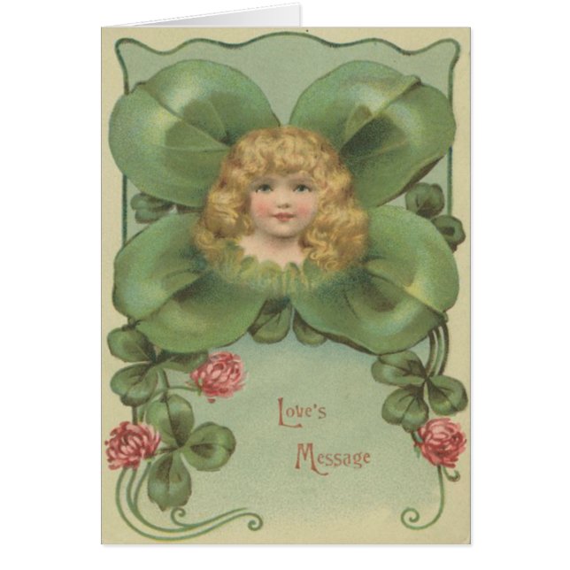 Schattige Meisje Vier Bladklaverbloemen (Voorkant)