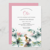 Schattige Meisje Waterverf Eend Verjaardagsfeest Kaart (Voorkant / Achterkant)