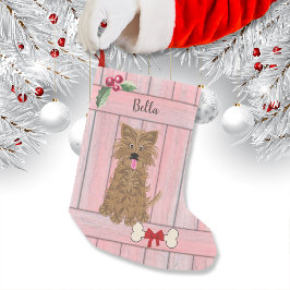 Schattige Meisje Yorkie roze houten hek monogram Kleine Kerstsok