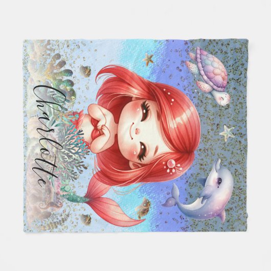 Schattige meisje "zeemeermin onder het Zee" rood h Fleece Deken (Voorkant (Horizontaal))