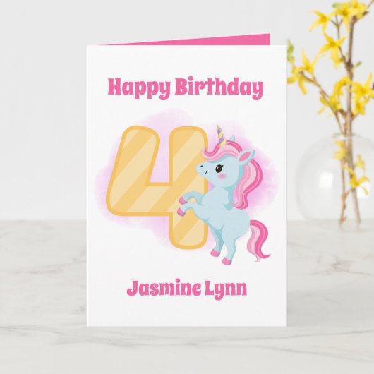 schattige meisjes 4e verjaardag van de eenhoorn va kaart (Gele Bloem)