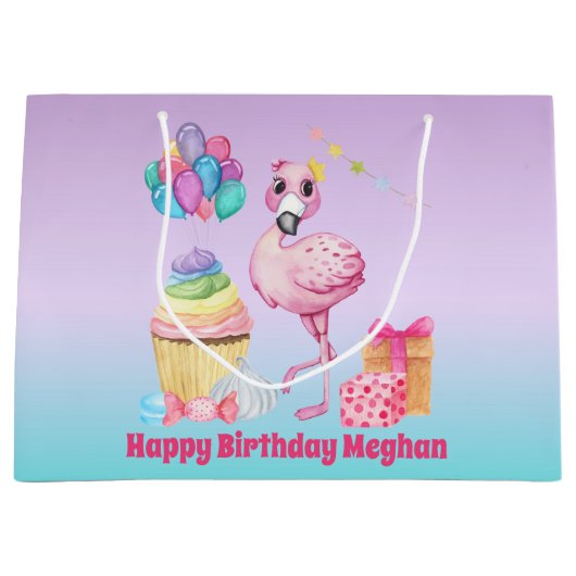 schattige meisjes Birthday flamingo voegen naam to Groot Cadeauzakje (Voorkant)