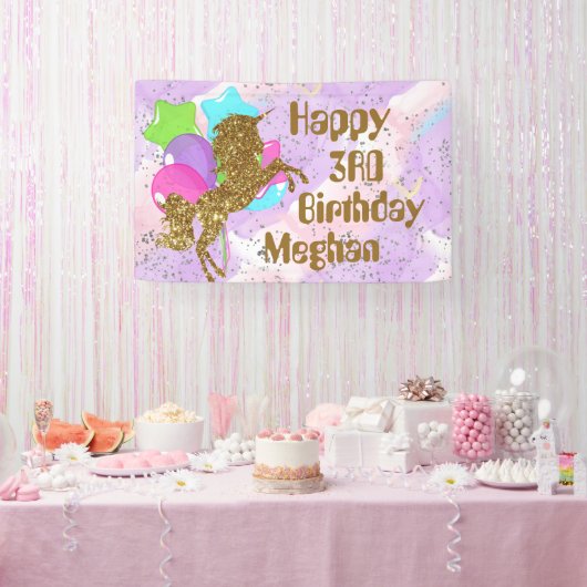 schattige meisjes Birthday unicorn voegen naamfees Spandoek (Feest)