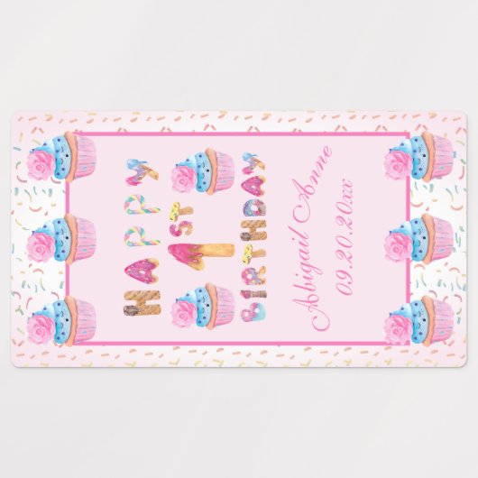 Schattige Meisjes Cupcakes Happy 1st Verjaardagsla Labels (Design 1)