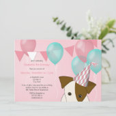 schattige meisjes puppy party roze blauwgroen ball kaart (Staand voorkant)