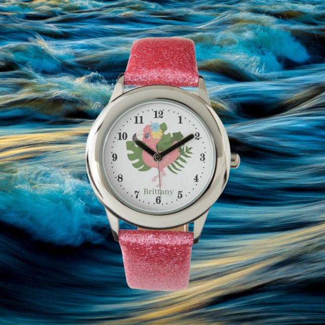 schattige meisjes roze flamingo voegen naam toe horloge (Creator heeft geüpload)