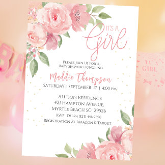 Schattige Meisjes Roze Goud Bloemen Baby shower Kaart
