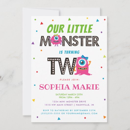 Schattige Meisjes Roze Monster 2e Verjaardagsfeest Kaart (Voorkant)