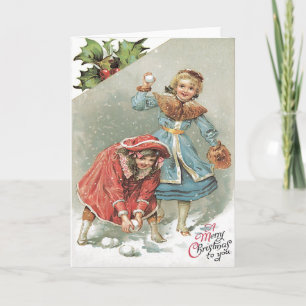 Schattige Meisjes Sneeuwballengevecht Feestdagen Kaart