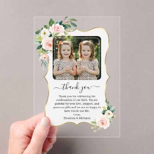 Schattige Meisjes Tweeling Foto Bevestiging Bedank Acryl Uitnodigingen (Insitu (Draagbaar))