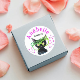 Schattige Meisjesachtige Zwarte Kat Roze Groen Gli Ronde Sticker